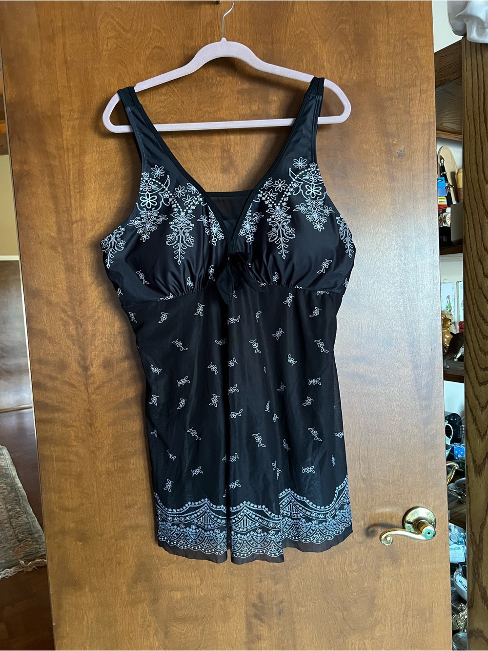 Black Dress Bathing Suit with White Floral Accents